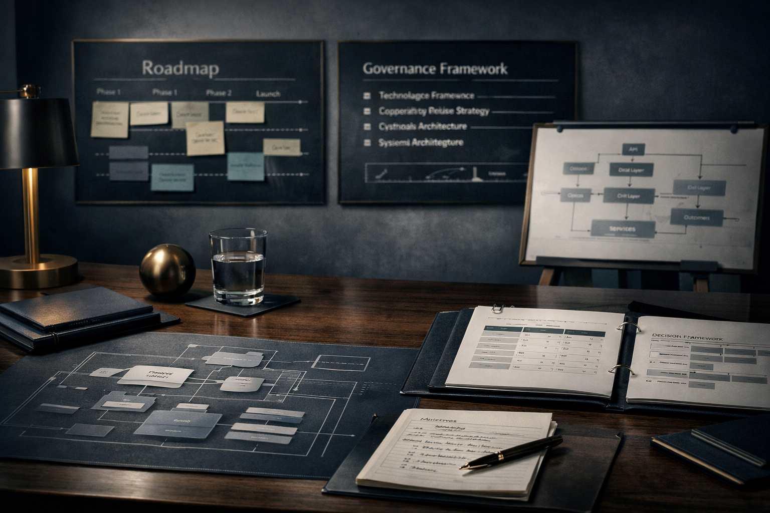Architecture review and governance planning artifacts on an executive briefing table